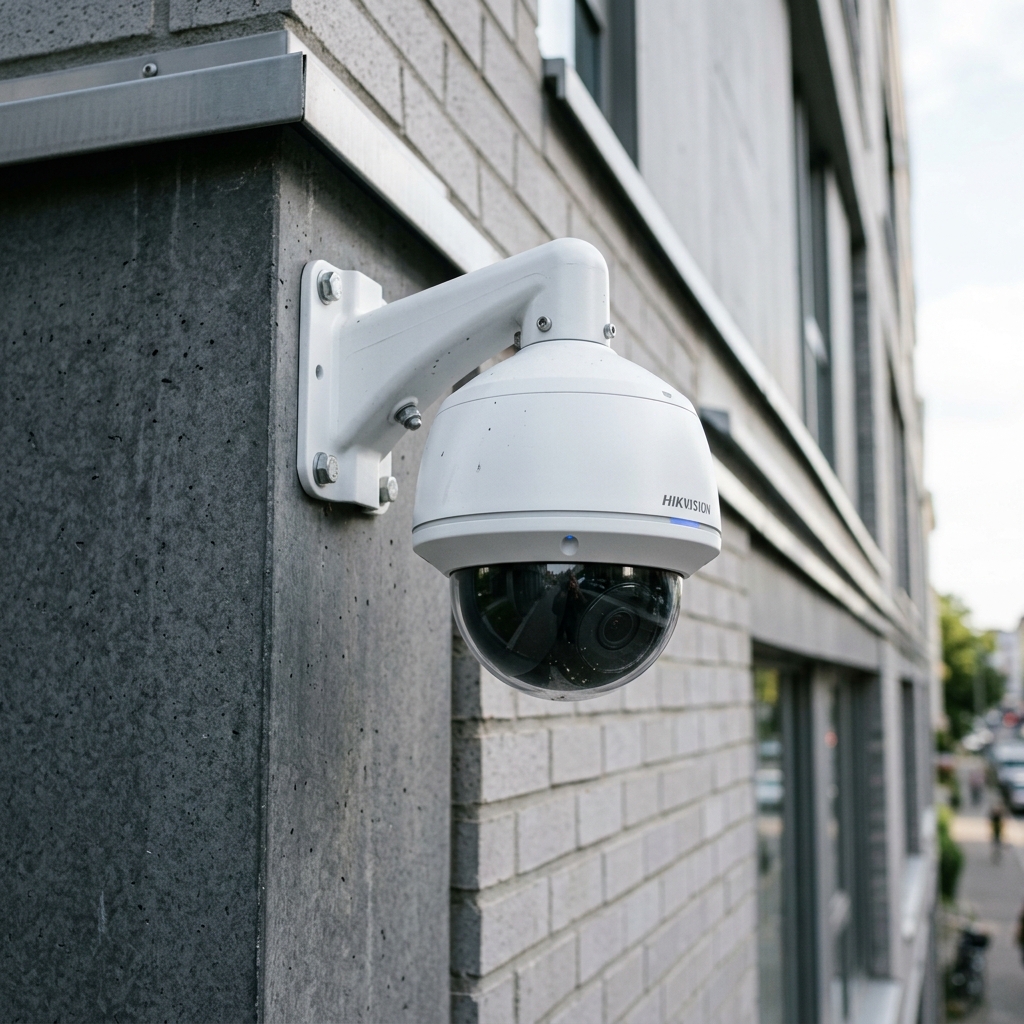 A close-up of a CCTV camera mounted on a building corner